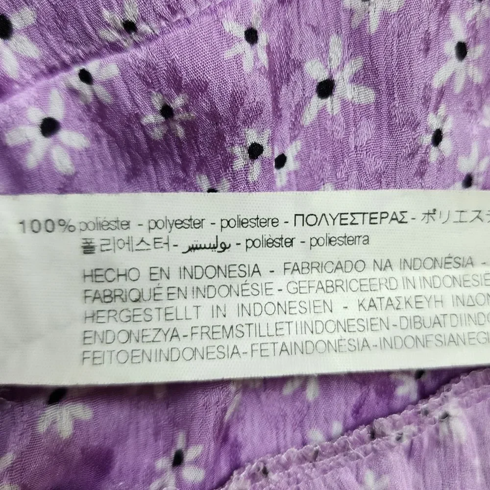 Zara Top Women Sz M Purple Floral Sweetheart Lace Up Puff Slv Smocked Babydoll